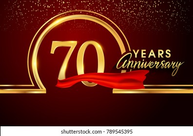 seventy years birthday celebration logotype. 70th anniversary logo with confetti and golden ring, red ribbon isolated on red background, vector design for greeting card and invitation card.