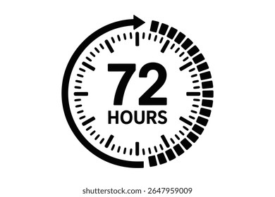 Ícone de setenta e duas horas. Relógio com seta simbolizando um período de 72 horas. Limite de tempo, prazo ou conceito de tempo de retorno.