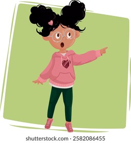 A seven-year-old girl in a pink sweatshirt and green leggings points into the distance in surprise