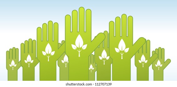 Several abstract vector hands raised with leaf signs.
