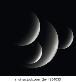 several abstract white and gray circles of different sizes on a black background with soft gradients and overlapping overlapping, creating the effect of depth and light.