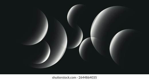 vários círculos brancos e cinzas abstratos de diferentes tamanhos em um fundo preto com gradientes suaves e sobreposição sobreposta, criando o efeito de profundidade e luz.