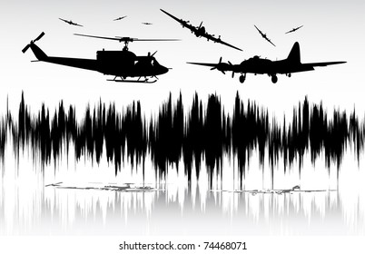 Several aircrafts and helicopter fly over the lake