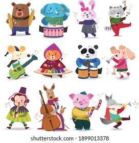 Several animals are dancing and playing music happily.
