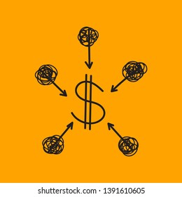 Several arrows and dollar sign, creative business thinking,  concept of development, growth, business training. Vector sketch logo