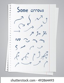 Several arrows for use in presentations and infographics. Background in the form of two notebook sheet can also be used. Templates for design and printing. Vector.