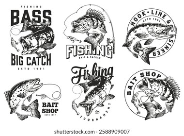 Several artistic designs featuring bass fish in various fishing contexts. These graphics highlight bait shops tournaments and the fishing lifestyle. Perfect for enthusiasts.