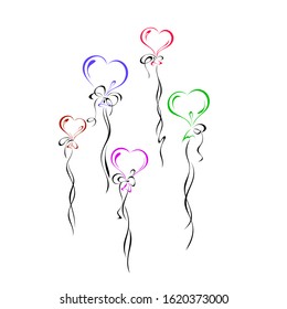 several balloons in the form of stylized hearts in black and color lines on a white background