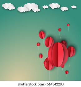 Several balloons stylized origami fly up to the clouds. Blank space. Vector illustration