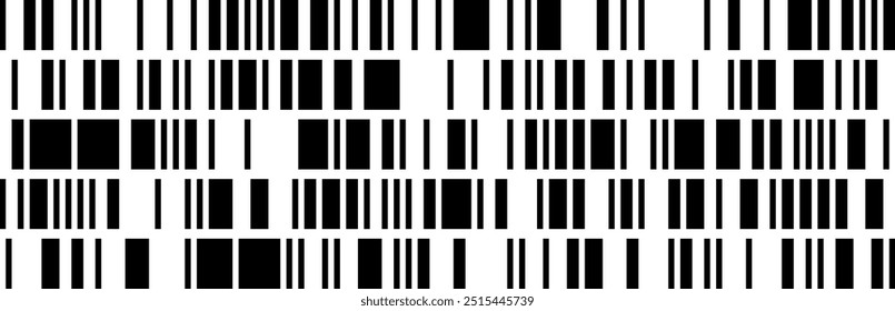 Mehrere Strichcodezeilen als nahtloses Muster. Bw, Vektorhintergrund. Binäre Maschinenkodierung zum Markieren von Waren und Ablesen durch Scanner. Unregelmäßige dünne und dicke Linien