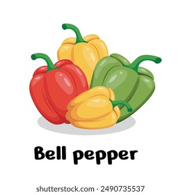 Varios pimientos de diferentes colores en estilo plano sobre un fondo blanco. Pimiento rojo, verde y amarillo