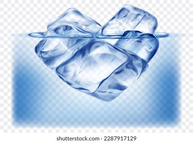 Several big translucent ice cubes floating in the water. Isolated on transparent background. Vector illustration in blue colors. Transparency only in vector format