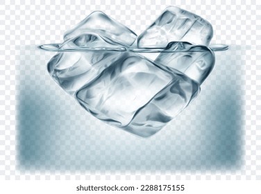 Several big translucent ice cubes floating in the water. Isolated on transparent background. Vector illustration in gray colors. Transparency only in vector format