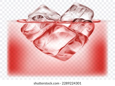 Several big translucent ice cubes floating in the water. Isolated on transparent background. Vector illustration in red colors. Transparency only in vector format