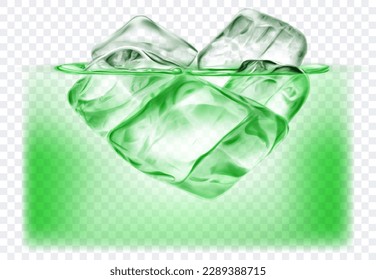 Several big translucent ice cubes floating in the water. Isolated on transparent background. Vector illustration in green colors. Transparency only in vector format