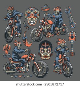 several biker pose with mexican skull style illustration in vector