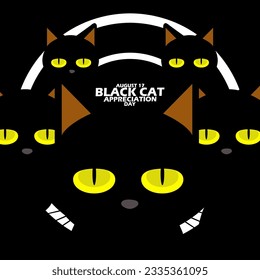 Mehrere schwarze Katzen mit gelben Augen im Dunkeln, mit fett gedrucktem Text auf schwarzem Hintergrund, um am 17. August den National Black Cat Appreciation Day zu feiern