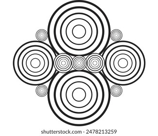 Several black circles of different diameters overlapped on a white background, Abstract background