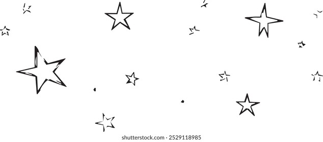 several black hand-drawn stars of various sizes scattered across the canvas. The stars have uneven edges and a distinct hand-drawn quality giving the image a whimsical and spontaneous feel.