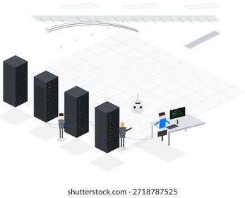 Several black server towers are arranged in a data center. A technician is seated at a desk using a computer. A robot is present in the background. Wires connect the servers.