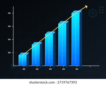 Varias barras azules se elevan en altura sobre un fondo oscuro. Una flecha amarilla apunta hacia arriba, indicando crecimiento o progreso en los datos mostrados.