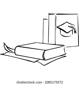 Several books, one of which has a university cap sketch vector illustration hand draw