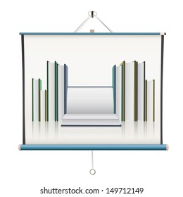 Several books over projector screen. Vector design