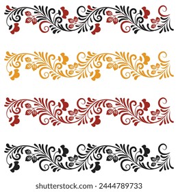 Several border of patterns or ornaments in the old Russian style. Vector sprigs of flowers and leaves. For cards, fabric, textiles, advertising, clothing, packaging.