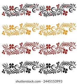 Several border of patterns or ornaments in the old Russian style. Vector sprigs of flowers and leaves. For cards, fabric, textiles, advertising, clothing, packaging.