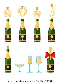 Several bottles of champagne being opened, vector illustration. Bottles and glasses with champagne.