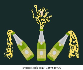 Several bottles of champagne being opened. Image on a dark background. Vector illustration