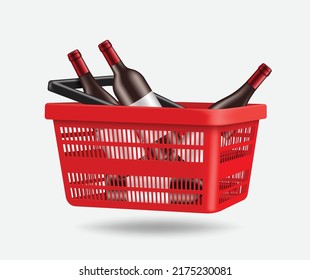 Several bottles of wine are in a red shopping cart for designing promotional sales of alcoholic beverages or intoxicating beverages,vector 3d isolated on white background for food and drink concept