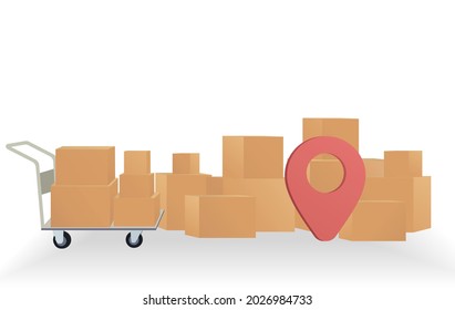 Several boxes and a cart on the ground with location symbol. Vector Illustration EPS10.