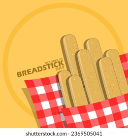 Several Breadstick with red checkered cloth and bold text in circle frame on light brown background to celebrate National Breadstick Day on October