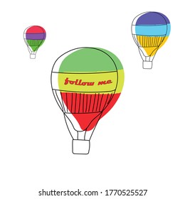several bright colored balloons in the sky. Follow me. Vector illustration