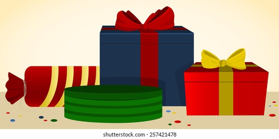 Several  bright present boxes with colorful ribbons and bows