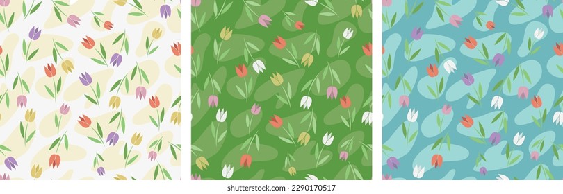 several bright spring seamless patterns with flowers, tulips of different colors, white, blue and green backgrounds. gift packaging