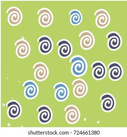 Several Brown and Blue Symbolic Snails on Green Background