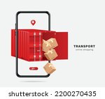 Several brown parcel boxes fall from red containers and have shipping pin for customer on top and all pop up on smartphone screen,vector 3d isolated for logistic,delivery and online shopping concept