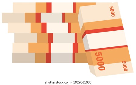 Several bundles of 5000 denomination money isolated on a white background. Symbol of economy, business, profit and wealth. Flat infographics. Vector illustration.