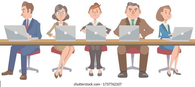 Several business people working on laptop computer sit in line side by side. Vector illustration in flat cartoon style.