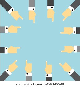 Several Businessman Hands Pointing at Text Copy Space Flat Design. Business and human interactions concept vector