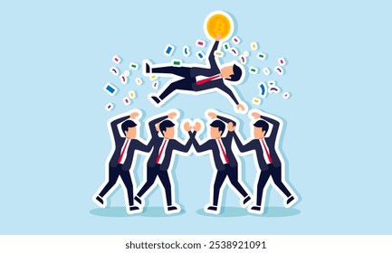 Several businesspeople celebrate a businessman holding bitcoin, illustrating the celebration of achievement and success in bitcoin investment