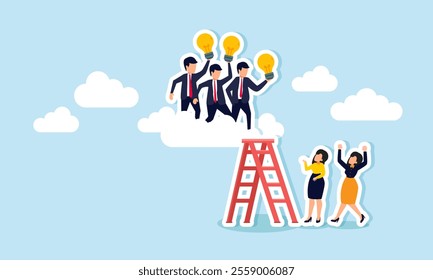 Several businesswomen observe businessmen above the clouds using ladders carrying lamps, illustration of observing and analyzing business mentors in applying ideas and innovations