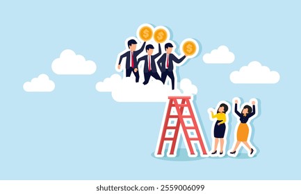 Several businesswomen observe businessmen above the clouds using ladders carrying dollar coins, illustration of observing and analyzing business mentors in financial management