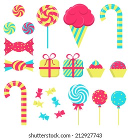 Several candies in white background. Lollipop, ice cream, stick candy, bubble gum, gift wrapping