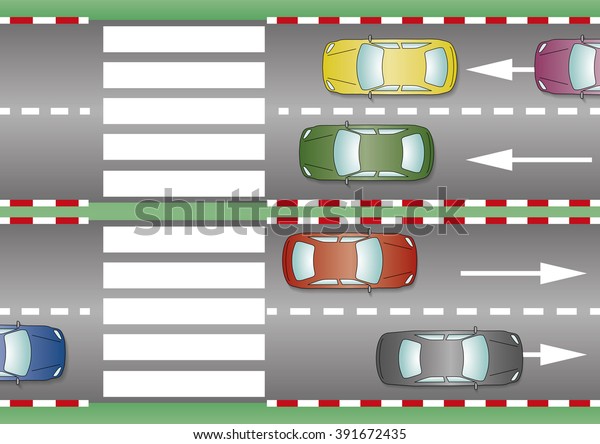 Several cars are awaiting in\
the pedestrian crossing. Crosswalk, zebra crossing, pedestrian\
pass