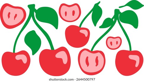 Várias cerejas de desenhos animados com caules e folhas verdes