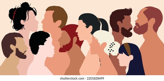 Several cartoons showing men and women of various cultures and countries. Multicultural diversity, racial equality, unity and harmony between communities.