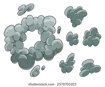 Several cartoon-style gray smoke clouds are depicted in various shapes and sizes. The clouds have a smooth texture and are shown floating against a simple background.